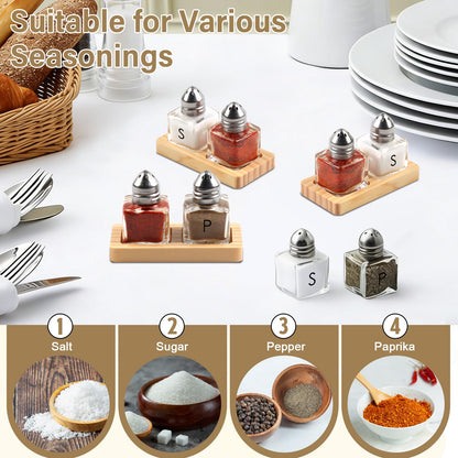 4 Pcs Mini Salt and Pepper Shakers Set with 2 Wood Organizer Tray Sticker 0.5 oz Small Glass Salt and Pepper Shakers Bulk Tiny Individual Salt and Pepper Shakers Cube Spice Jars for Travel Party