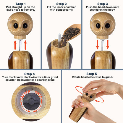 Rock & Branch Owl Refillable Pepper Grinder, Manual Pepper Mill with Ceramic Grinder and Adjustable Coarseness