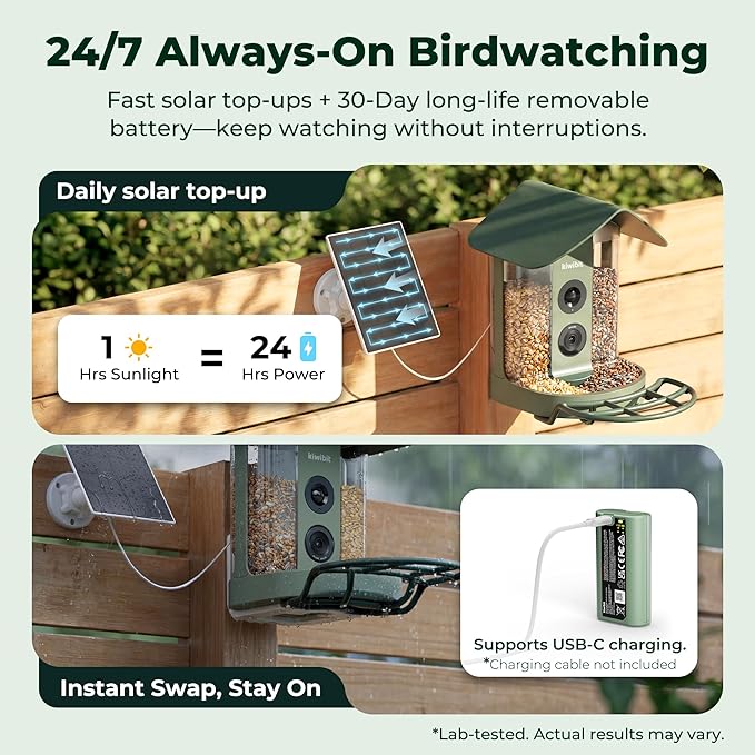 Kiwibit Smart Bird Feeder with Camera, Solar Powered for Outdoors, Bird Species AI Identification, 8MP Photos, 4K Video Livestream, Real-Time Bird Alerts, Birdwatching Gifts for Bird Lovers, Sage Pine