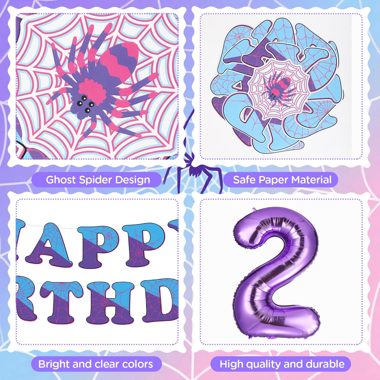 37pcs Ghost Spider Birthday Decorations-Purple Number Balloon,Happy Birthday Banner,Pink/Purple Balloons,Ghost Spider Theme Birthday Decor for HappyBirthday Party (Spider-Purple-2nd)