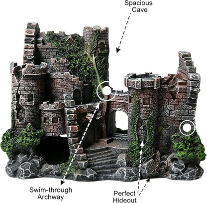 Aquarium Resin Castle Decoration, Air Bubbler Stone Cave Hideout House for Betta Fish, Shrimp & Turtles, Fish Tank Ornament Accessories for Breeding, Playing & Resting ，Decorative Bubbling Castle
