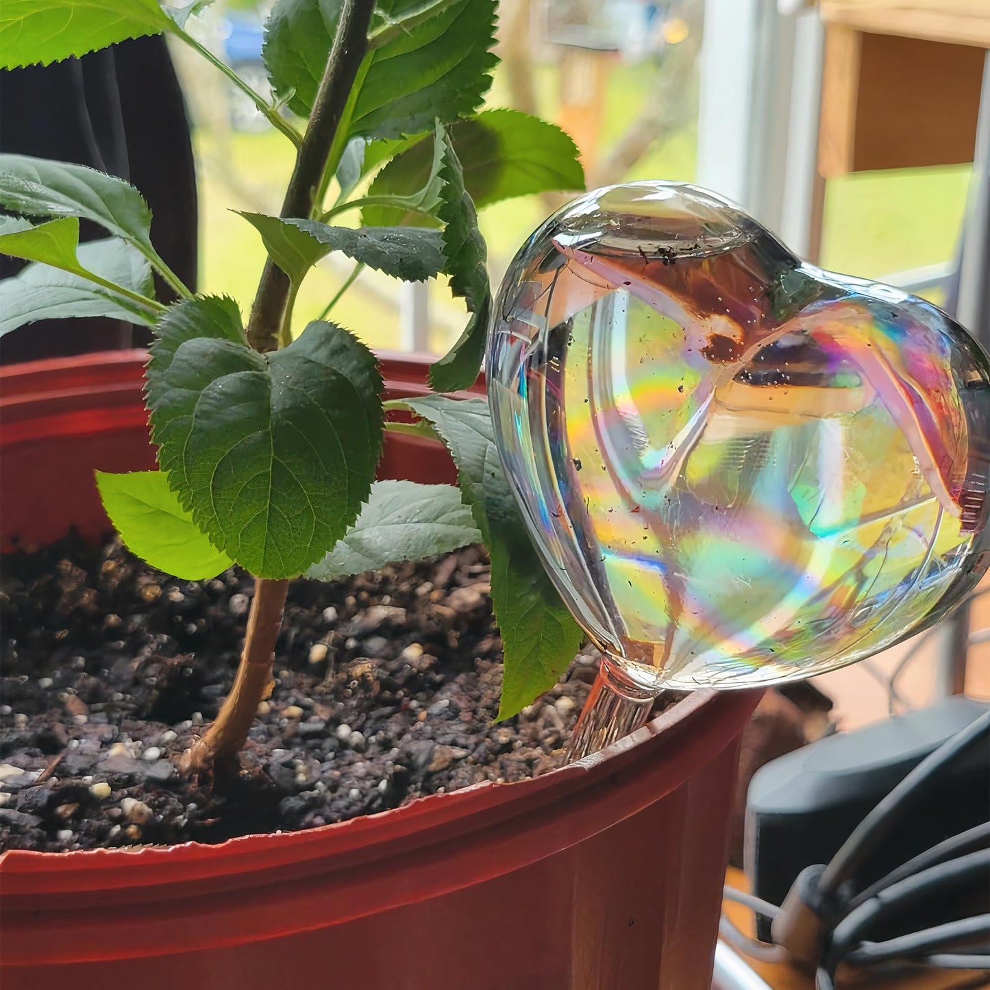 KH866 Heart Plant Water Globe, 4 Pcs Set Iridescent Glass Self Watering Bulbs, Heart Shaped Waterer Dripper for Indoor Plants, Outdoor Flowers, Planter Insert Garden Device for Pots