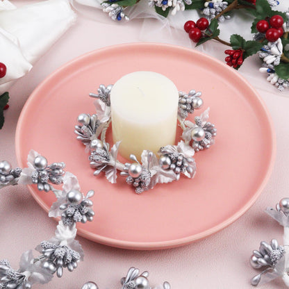 Brihaspory White Christmas Candle Rings Set of 4, Handmade Silver Berry Mini Candle Wreaths for New Year Dinner Party Table Centerpieces