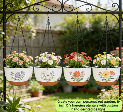 zople Set of 2-8 Inch Self Watering Hanging Planters for Indoor Outdoor，Hanging Plant Pots with Drainage & Removable Tray, Hanging Pots Holder for Ivy, Pothos, Ferns, Balcony & Patio, White Brown