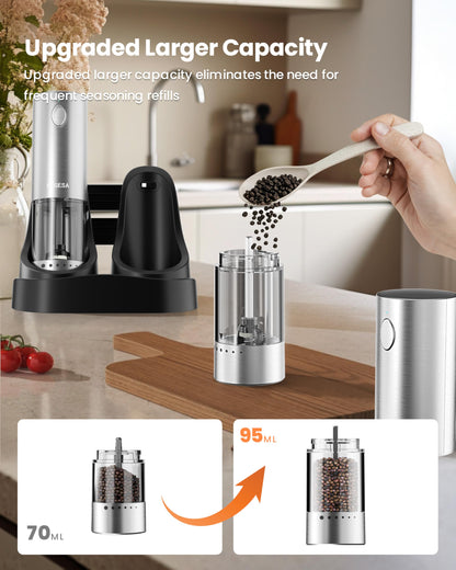 Electric Salt and Pepper Grinder Set with Rechargeable Base - Automatic Refillable Electric Salt and Pepper Shakers with Large Capacity, LED Light & Adjustable Coarseness, Stainless Steel