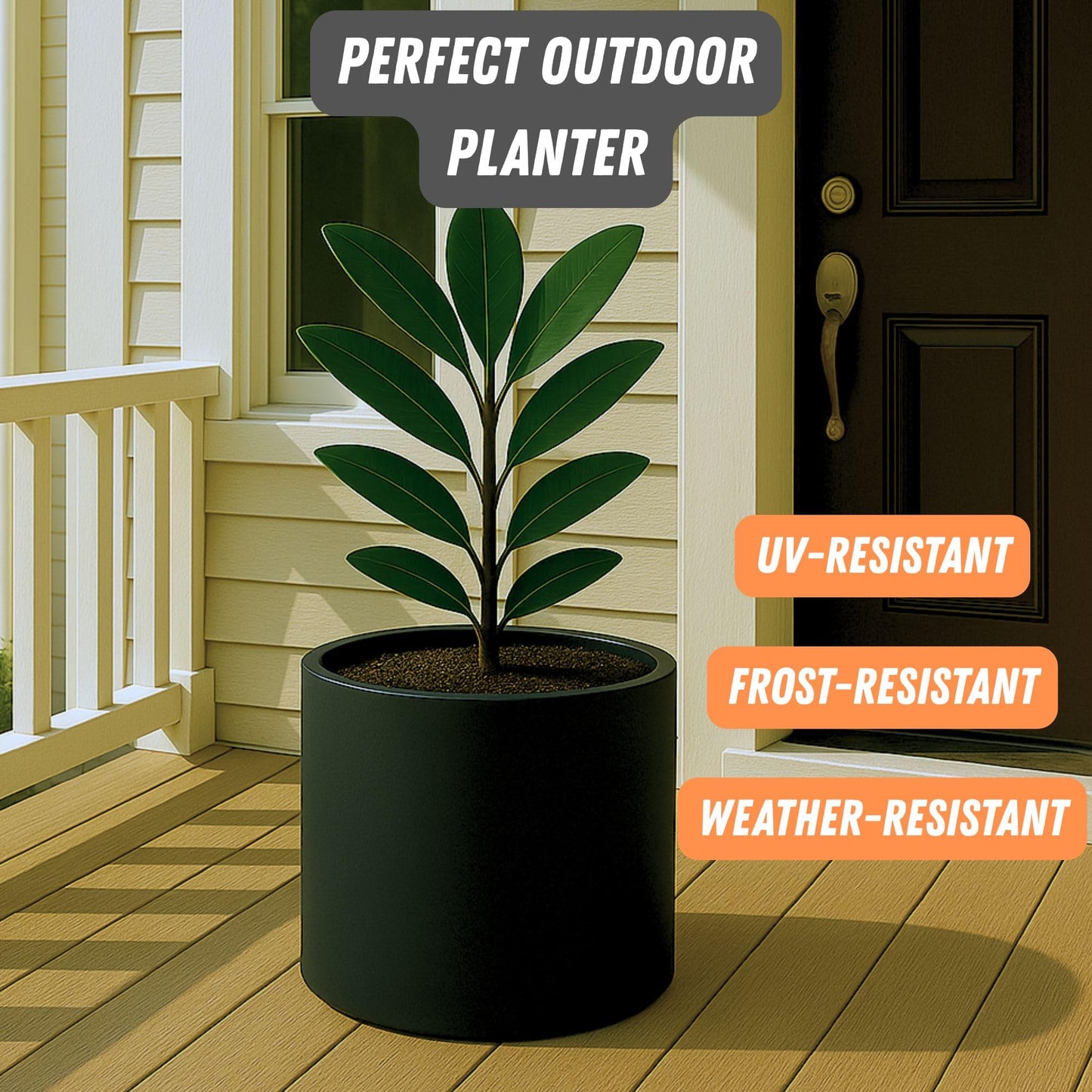 Fox & Fern Large 15 Inch Planter - Premium Lightweight Fiberstone Black Plant Pot with Drainage Plug; Ideal for Indoor and Outdoor Plants