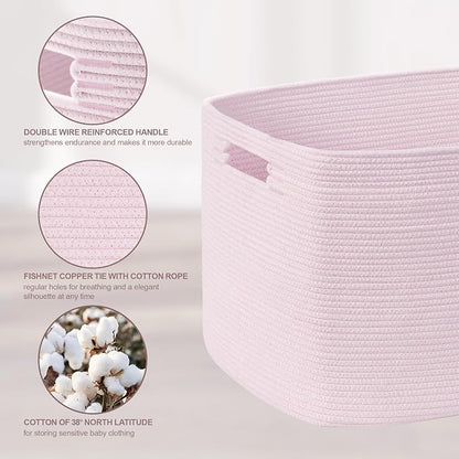 86L Large Baby Girls Laundry Basket for Nursery Storage,Cute Woven cotton Rope Baskets for Kids Toy，Gifts, Boho Square Wicker Blanket hamper for Living Room,Bedroom Dirty Clothes,Pink