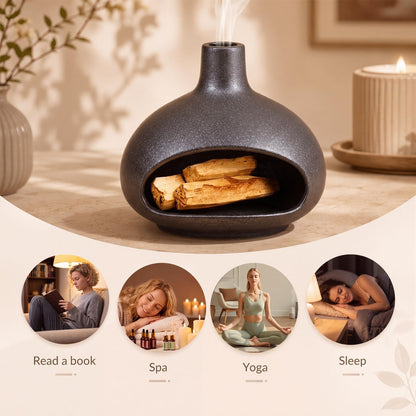 TimberAura Palo Santo Holder, Mini Ceramic Chiminea Incense Burner for Sage, Cones and Sticks, Small Zen Decor Tabletop Ash Catcher for Yoga and Meditation Room (Black)