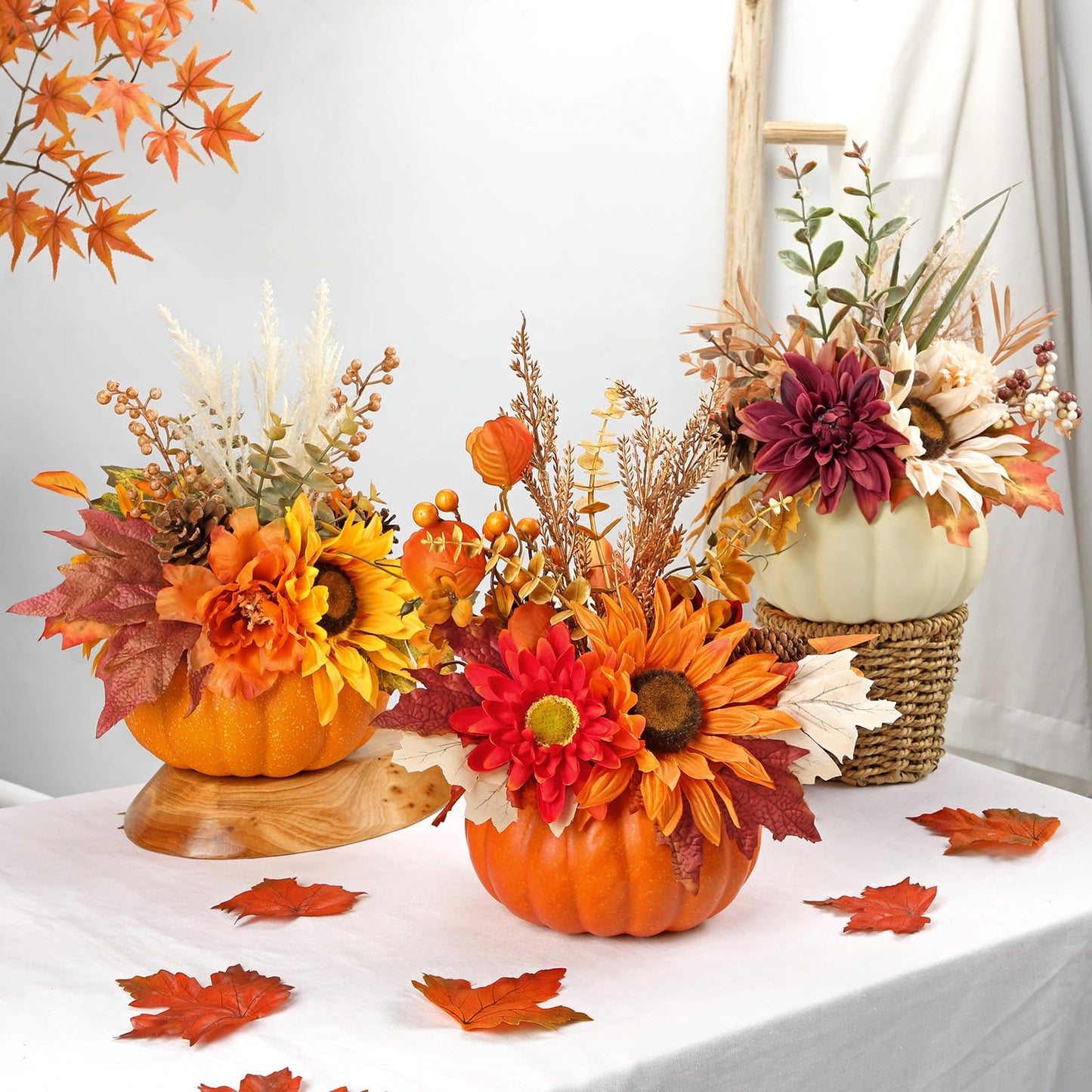 Arborus Artificial Pumpkin Fall Décor - Autumn Table Centerpieces with Red Faux Flowers, Maple Leaves, Sunflowers, Pumpkin – Halloween, Thanksgiving & Harvest Home Decoration