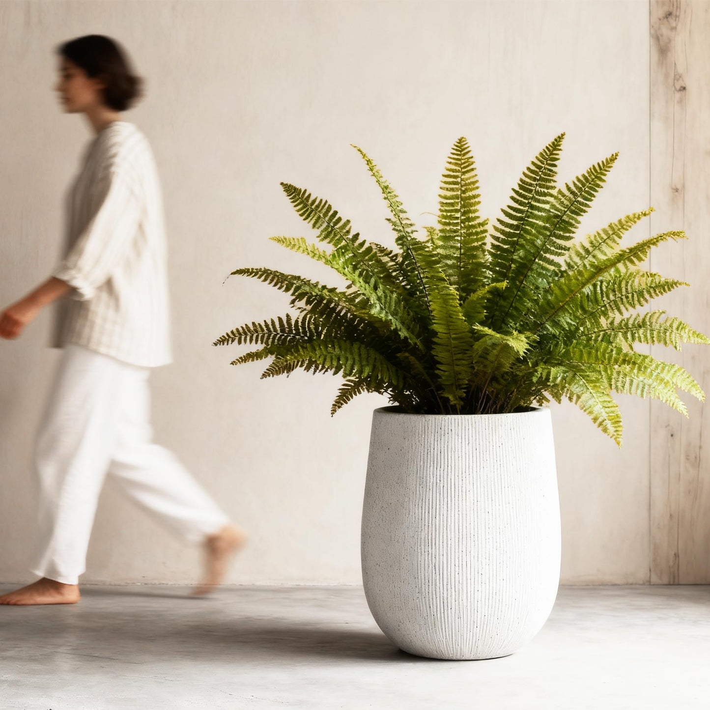 Worth Garden White Large Round Planter, 12.5" Dia x 18.5" H Lightweight Magnesium Oxide Cement Plant Pot with a Striped Textured Finish, Raised Pattern Concrete Look, Drainage Hole, Indoor & Outdoor