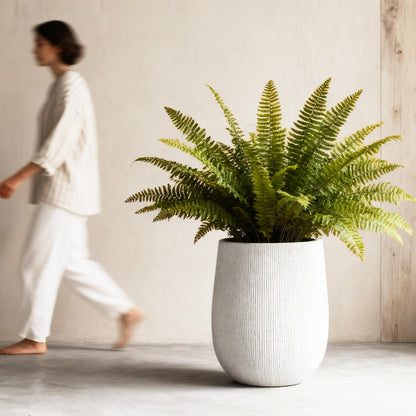 Worth Garden White Large Round Planter, 12.5" Dia x 18.5" H Lightweight Magnesium Oxide Cement Plant Pot with a Striped Textured Finish, Raised Pattern Concrete Look, Drainage Hole, Indoor & Outdoor