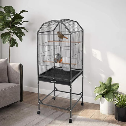 53.5 Inch Iron Bird Cage, Large Parakeet Cages with Play Open Top and Rolling Stand, Bird House with Detachable Stand and Pull-Out Tray for Cockatiels, Parrots, Lovebirds, Canaries (Black, Style B)