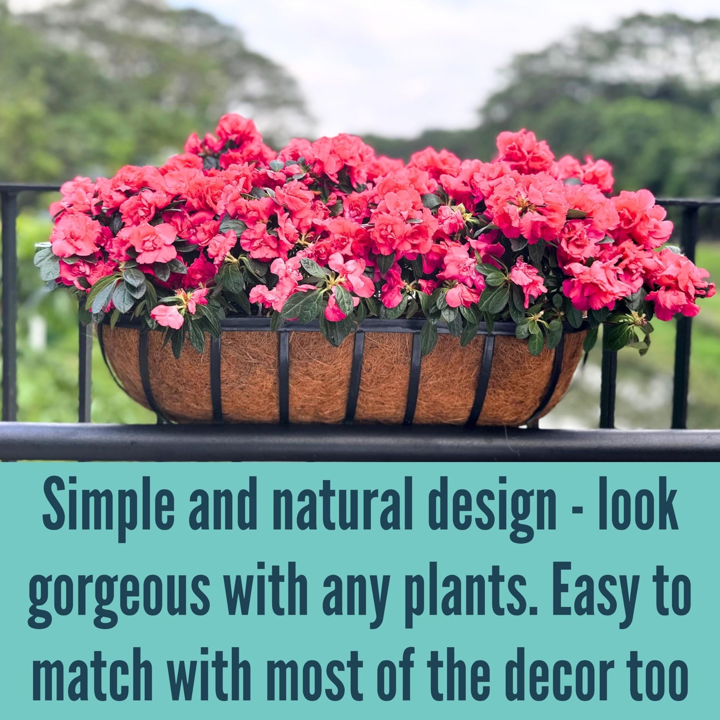LaLaGreen Railing Planter Box (24 Inch, 4 Pack) Black Metal Rectangular Hanging Planters with Coco Liner, Flower Boxes Brackets for Deck Railings Outdoor Plants Over Rail Fence Balcony Patio Porch