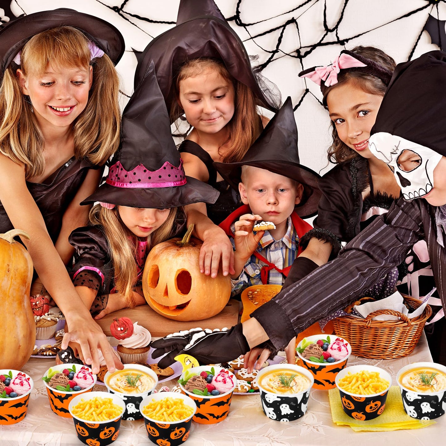 Whaline 60Pcs Halloween Treat Snack Cups Grimace Pumpkin Ghost Bat Pattern Disposable Paper Bowls 9oz Orange Black Paper Cups Dessert Ice Cream Bowls for Halloween Movie Party Favor Supplies, 3 Style