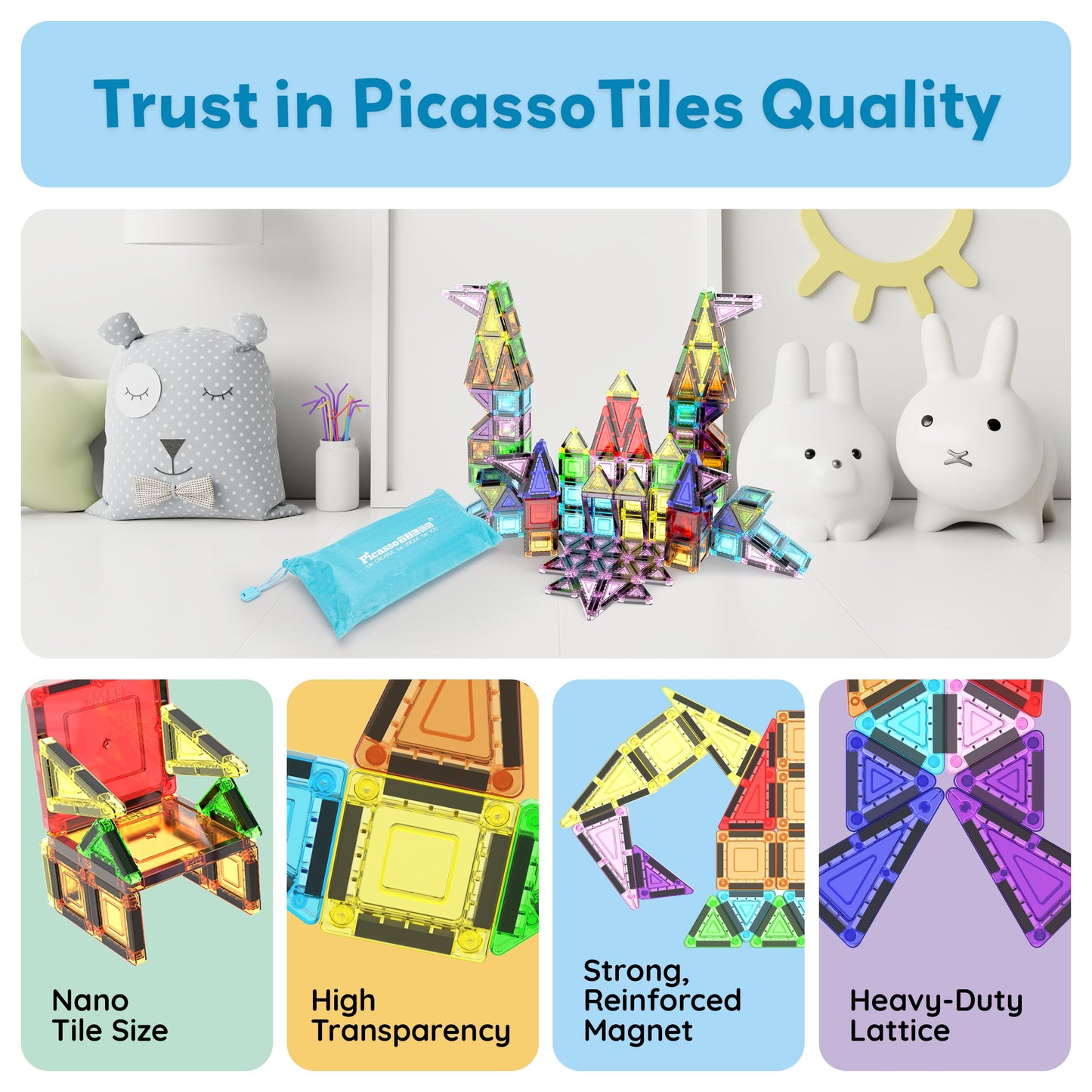 PicassoTiles 65pc Nano Magnetic Tile Travel Size Mini Portable Toy Construction Building Blocks Playset with Storage Bag Pouch STEM Montessori Classroom Magnet Tiles Stacking Toys for Kids Age 3+ PN03