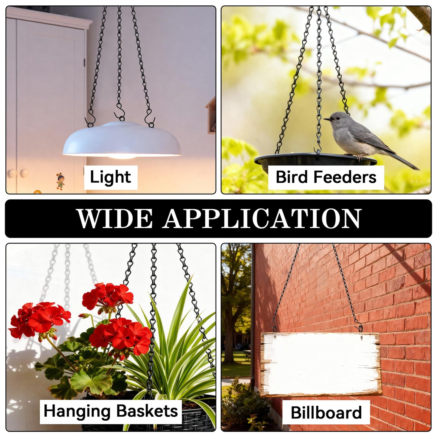 ZeeDix 4 Pack, 24 Inch Hanging Basket Chain with Hooks, Black Metal Planter Flower Pot Chain for Hanging Plants Outdoor, Adjustable Replacement Chain Plant Hangers for Lanterns Bird Feeders & Flowers