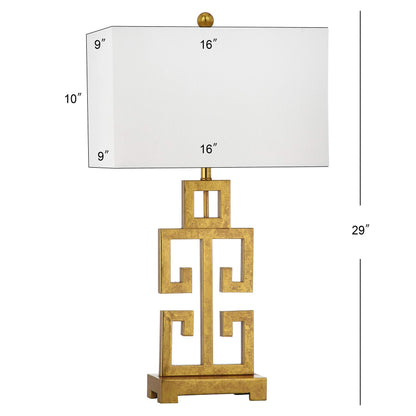 SAFAVIEH Lighting Collection – Greek Key Table Lamp – Antique Gold Metal Base with White Fabric Shade, LED Bulb Included, 29-Inch Bedroom Living Room Desk Lamps (LITS4305A)