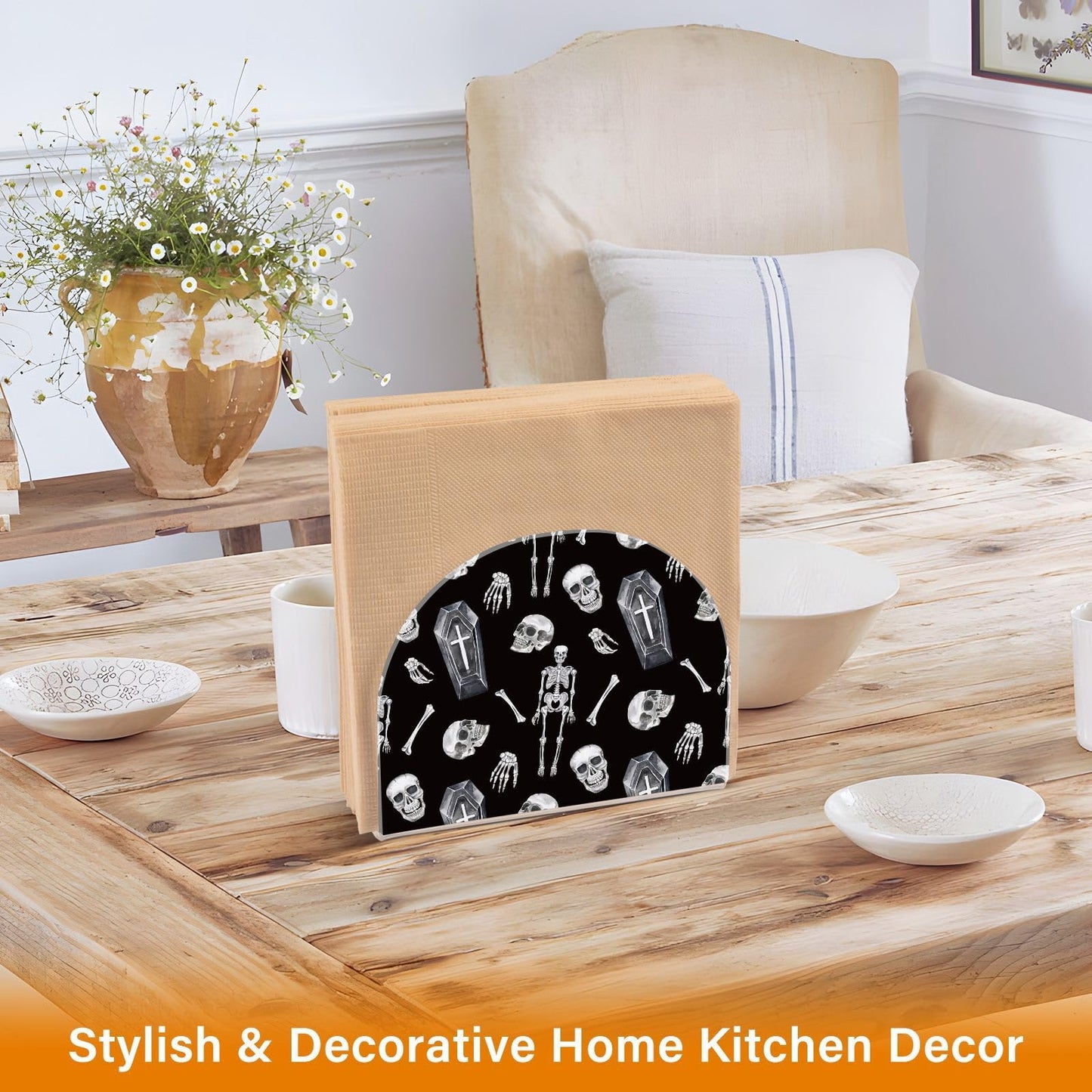 YNNALE Gothic Skull Skeleton Coffin Black Napkin Holder for Table Acrylic Cocktail Napkin Holders Decorative Tissue Dispenser Vertical Napkin Holder for Home Decor Kitchen Dining
