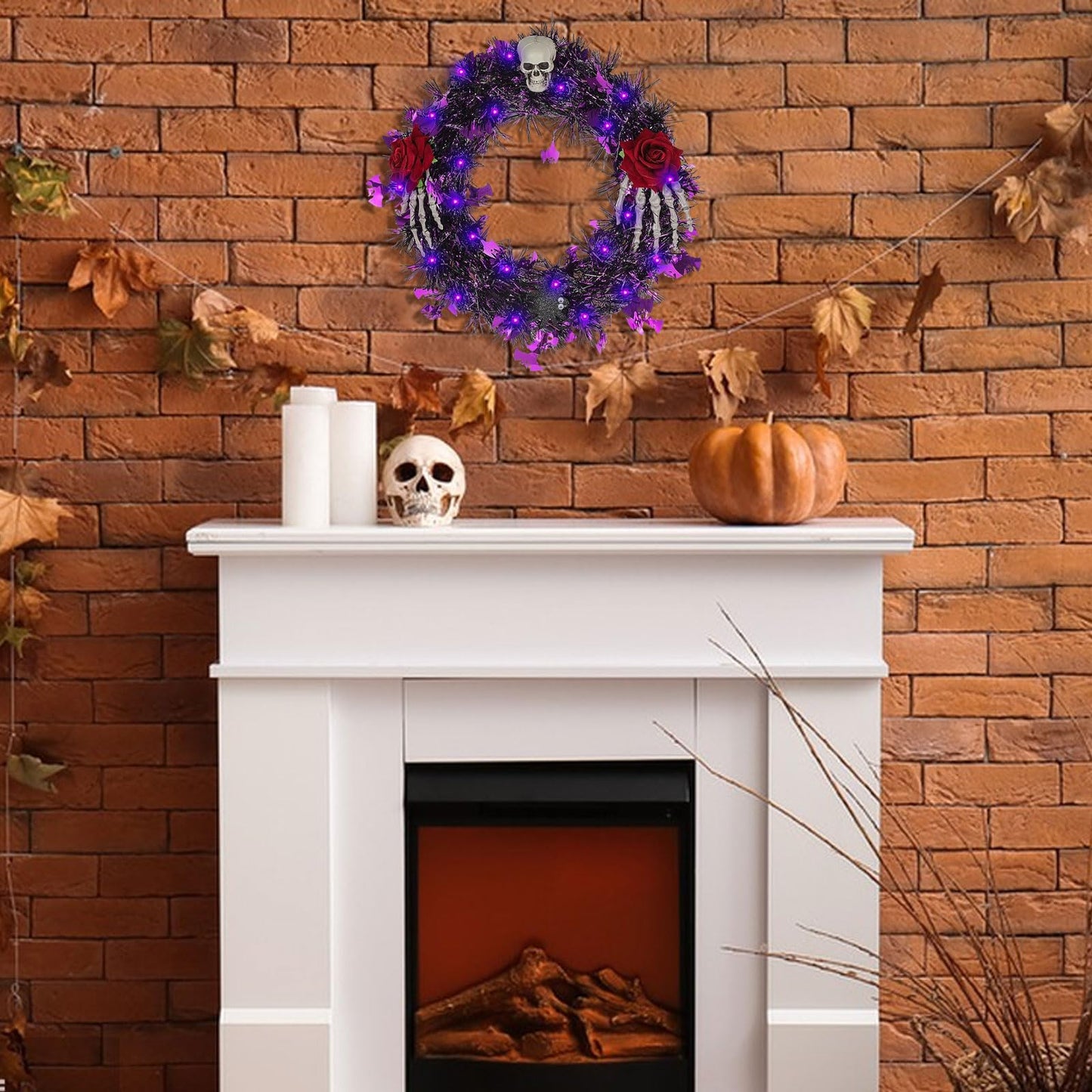 Halloween Wreath for Front Door with Lights,13 Inch Skull Wreath Halloween Decorations for Indoor Window Party Holiday Wall Home Decor (Rose and Skull)