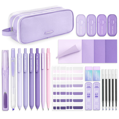 Four Candies Purple College Supplies and Nursing Essentials with Organizer, Gel Pens with Black Ink,Correction Tapes,Pastel Highlighters, Mechanical Pencils, Sticky Notes, Index Post