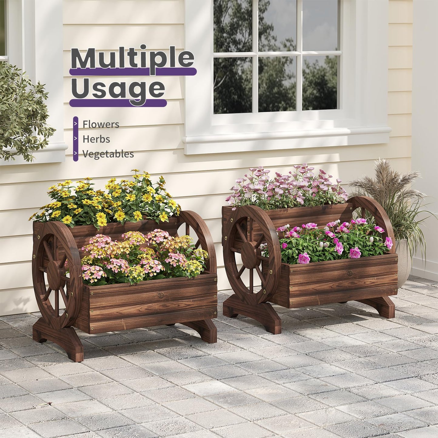 Wieghda Wooden Wagon Planter Flower Cart Farm Stand Garden Decor Planter for Outdoor Patio Balcony Decoration,Rustic Farmhouse Wishing Well Decor Succulent Planter Indoor Backyard (Carbonized)