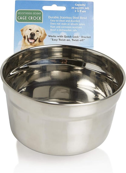Lixit® Stainless Steel Kennel Food or Water Bowl - Non Spill Hanging Removable Crate Bowls - Carrier Cage Dish for Dogs or Cats for Feeding and Drinking (Stainless Steel, 20 Ounce (Pack of 2))