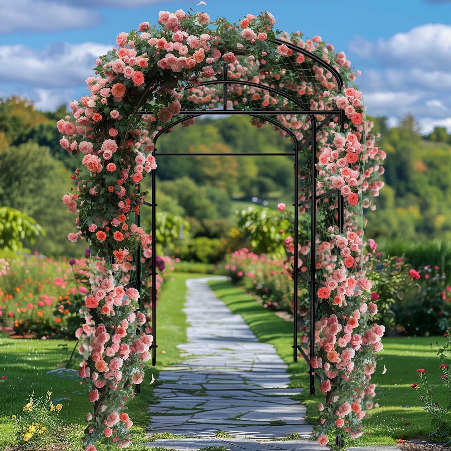 unho 87inch Metal Garden Trellis Arch for Climbing Plants - Polyethylene-Coated Anti-Rust, Heavy Duty, Wide Walk-Through Outdoor Arch with Net, for Cucumber Tomato Squash Zucchini Peas Grape Flowers