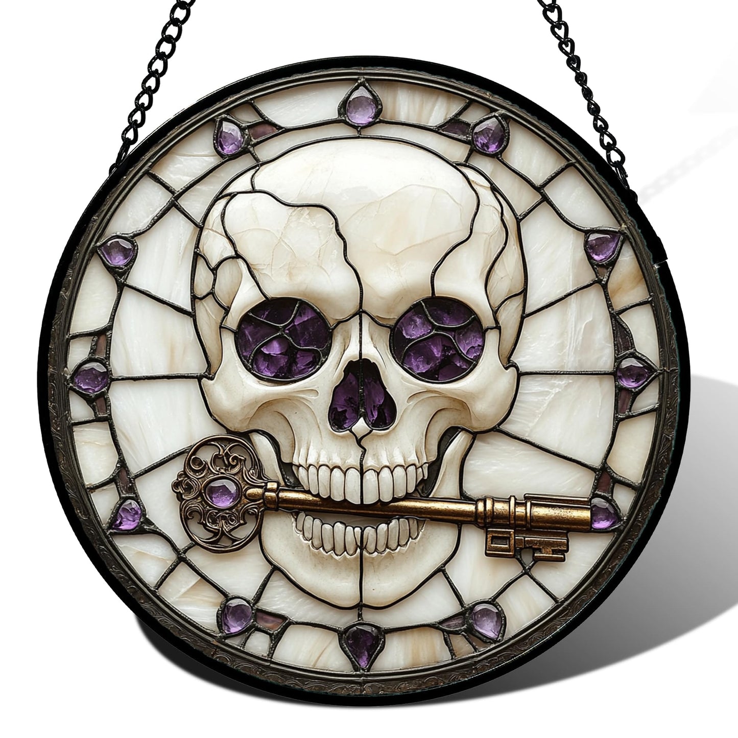 CRISGIF Stained Glass Window Hanging - Halloween Scary Skull Suncatcher for Doors Garden Home Spooky Purple Skeleton Key Sun Catchers Gothic Decor Horror Gifts for Women Men Friend Boy Girl 9.8 in