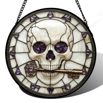 CRISGIF Stained Glass Window Hanging - Halloween Scary Skull Suncatcher for Doors Garden Home Spooky Purple Skeleton Key Sun Catchers Gothic Decor Horror Gifts for Women Men Friend Boy Girl 7.8 in