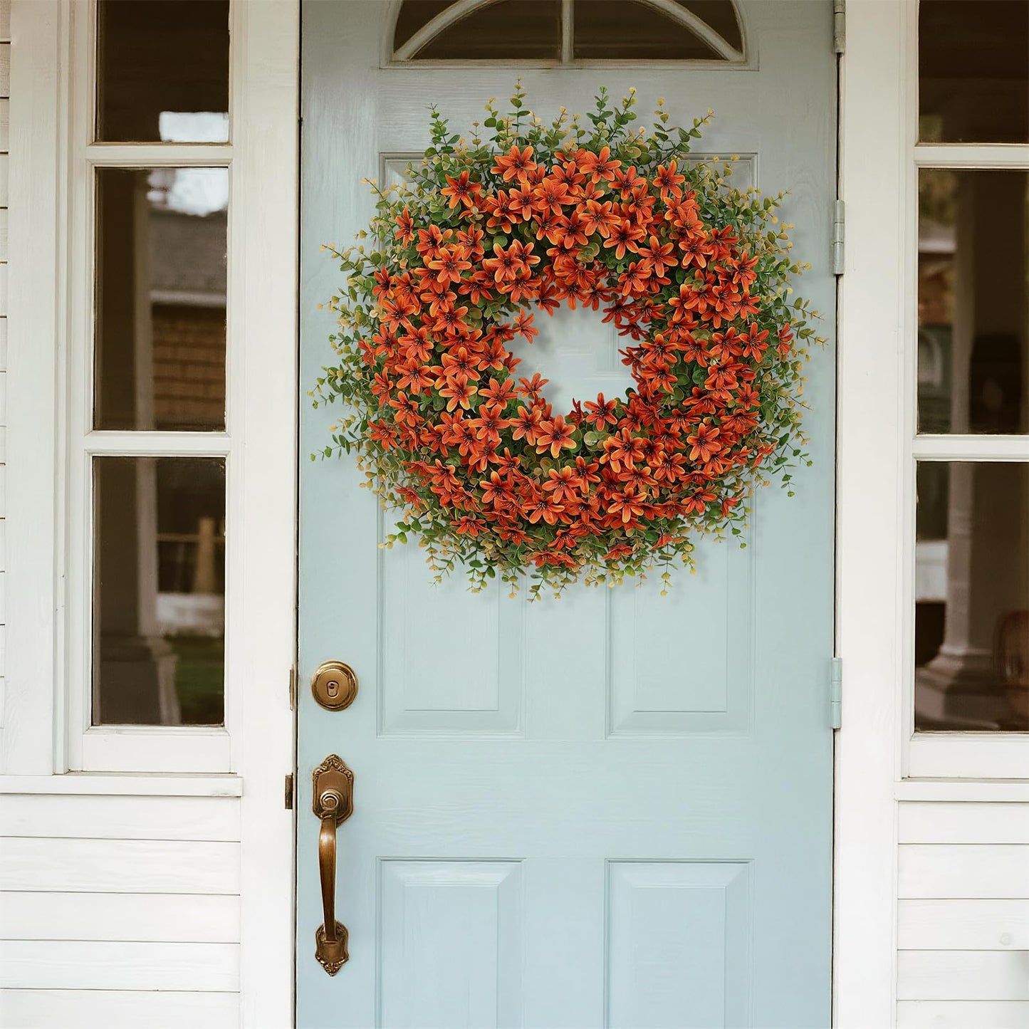 26" Fall Wreath for Front Door, Porch, Window - Large Artificial Eucalyptus Leaves with Fake Silk Flowers Outdoor Wreath for Home Farmhouse Harvest Festival Thanksgiving Day Autumn Decor