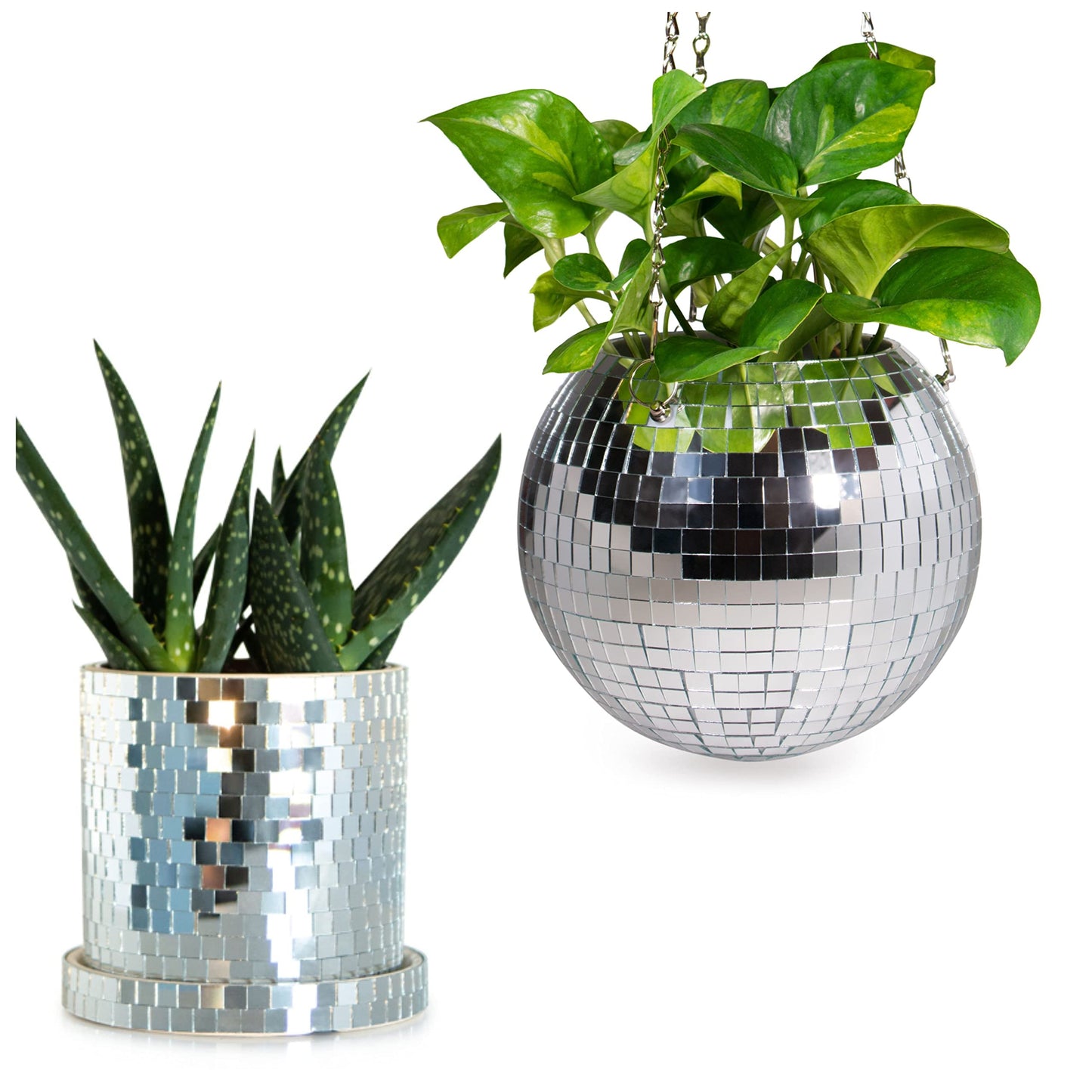 SCANDINORDICA Disco Ball Planter 8" Silver with Chain and Macrame Hanger and Disco Ball Planter Pot 4.3" with Saucer (0.3x0.3 mirror tiles)