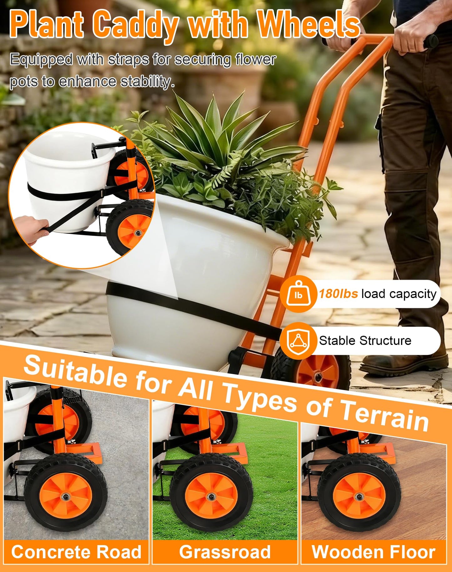 Deerift Heavy Duty Plant Caddy with Wheels, Plant Dolly Cart, Adjustable Grabbing Arm & Suction Cups for Easy Plant Movement, Versatile Indoor/Outdoor Plant Dolly Trolley Cart with Strap, Orange