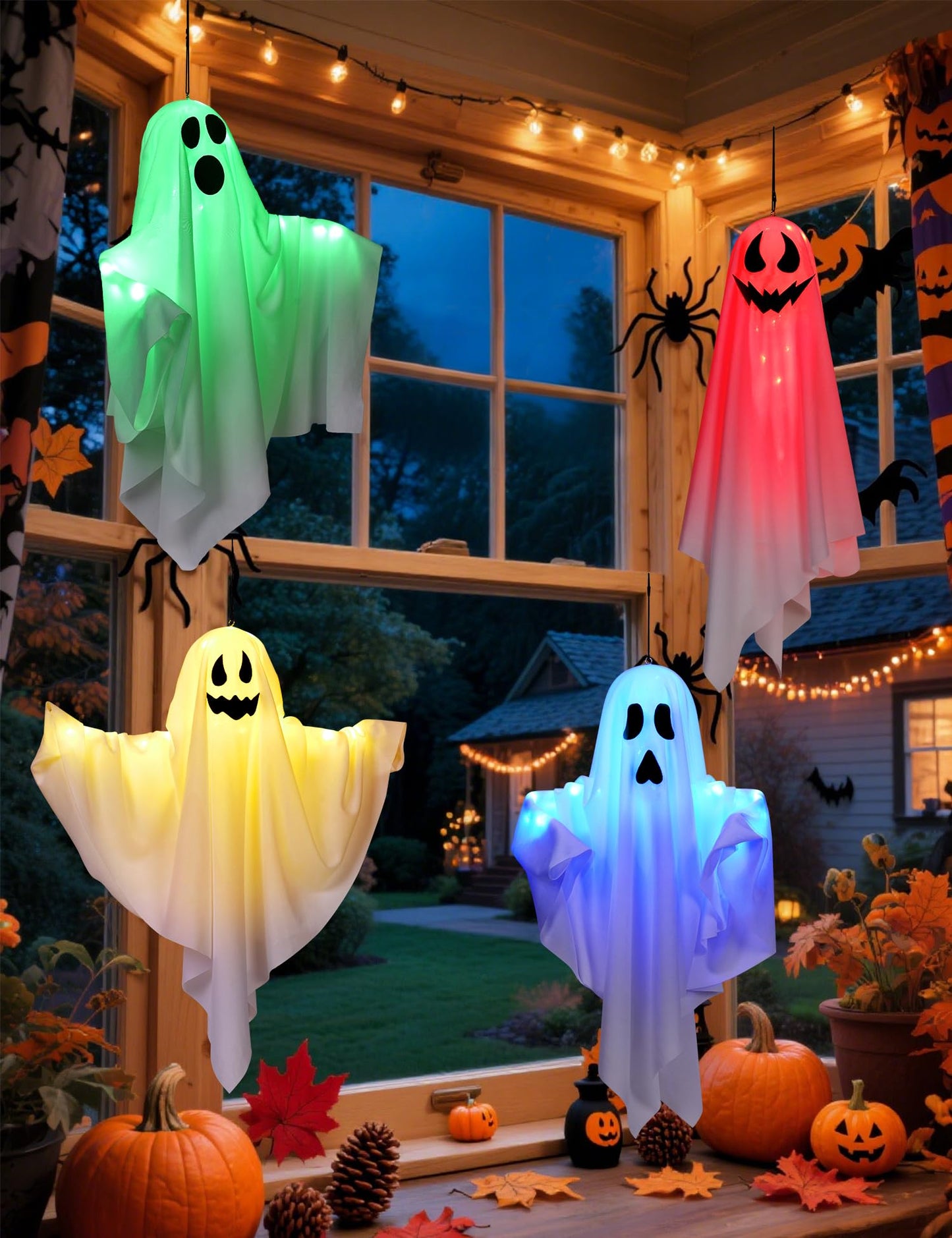 Lightshyer Halloween Decorations Outdoor Indoor 4 Pack Hanging Ghosts Halloween Haunted House Light Up Kit Decor for Tree House Yard Porch Window Bedroom Party