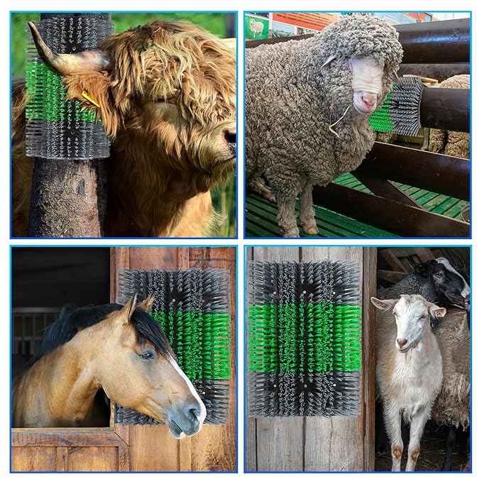 Extra Large Size Livestock Scratching Brush, Upgraded Horse/Goat/Cow/Cattle Scratcher Brush for Grooming, Itch Relief Horse Scratcher Brushes Kit with Two Sets of Mounting Screws(4-Pack,Gray)