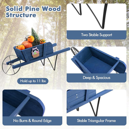 HAPPYGRILL Wooden Wagon Planter, Small Flower Planter Box w/Triangular Metal Support, 2 Energy-Saving Handles, Movable Wheel, Wood Wheelbarrow Cart Pot for Garden Backyard Holiday (Blue)