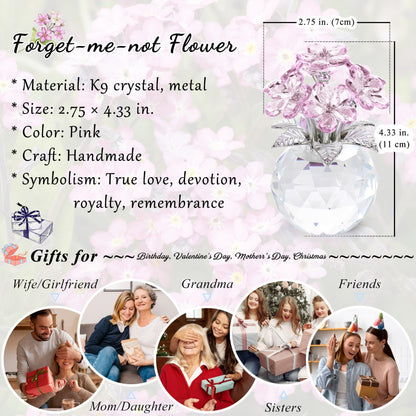 YWHL Pink Crystal Forget Me Not Figurines with Base, Crystal Glass Flower Gifts for Women, Handmade Flower Collectible Figurine Ornaments for Tabletop Centerpieces Home Decor