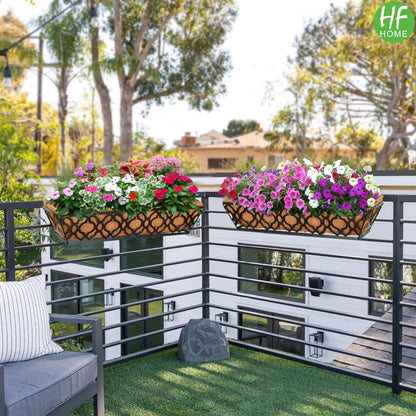 HFHOME 24 Inch Deck Railing Planter Box with Horse Trough Coco Liner, 24" Window Boxes with Coconut Coir Liner, Black Metal Hanging Flower Planter Basket for Outdoor Indoor Lawn - 4 Pack