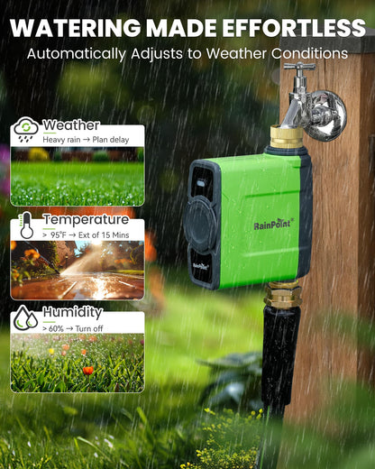 RAINPOINT WiFi Water Timer for Garden Hose, WiFi Sprinkler Controller, Smart Hose Timer Valve, Automatic Drip Irrigation System/Rain Delay for Garden/Lawn/Yard (Brass Inlet & Outlet, No Gateway)