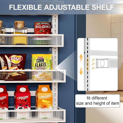 Over the Door Pantry Organizer 9 Tier Hanging Door or Wall Mounted Spice Rack with Adjustable Acylic Basket,Heavy Duty Metal Seasoning Storage Shelf for Kitchen Pantry and Bathroom White