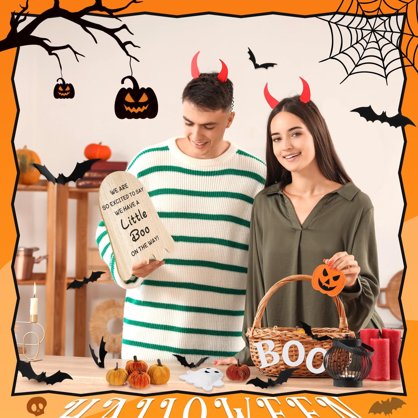 Fiwochic 22 Pcs Fall Pregnancy Announcement Set Fall Thanksgiving Baby Reveal Idea Include "we Have a Little Boo" Wooden Ghost Shape Sign Velvet Pumpkin 3D Bat Felt Ghost Pumpkin for Baby Shower Party