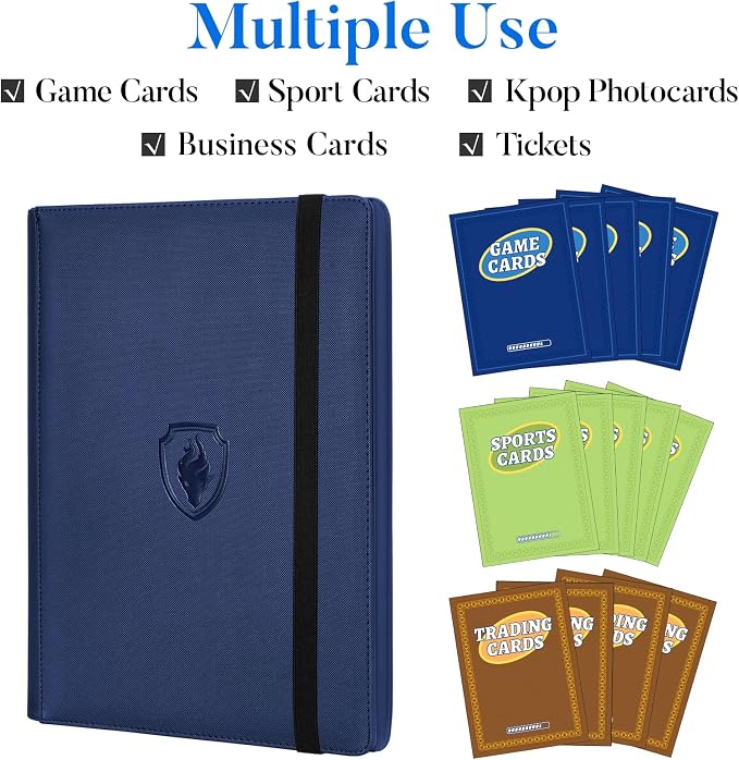 Premium 9 Pocket Card Binder for 360 Cards, Fabmaker PU Cover Trading Card Binder, Sturdy Card Collection Album, Sleek Card Holder Folders for Game Cards & Sports Cards, Navy Blue