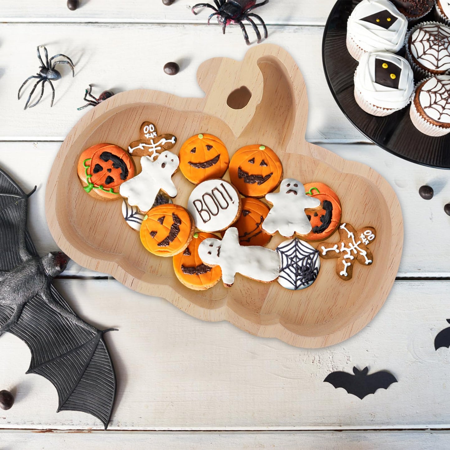 GLEAVI Halloween Pumpkin Plate Wood Serving Tray for Snacks Candy Dessert Tableware Seasonal Party Decor