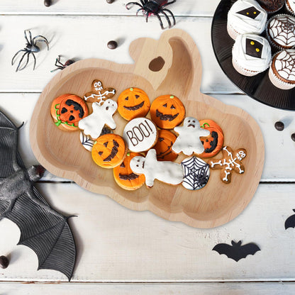 GLEAVI Halloween Pumpkin Plate Wood Serving Tray for Snacks Candy Dessert Tableware Seasonal Party Decor