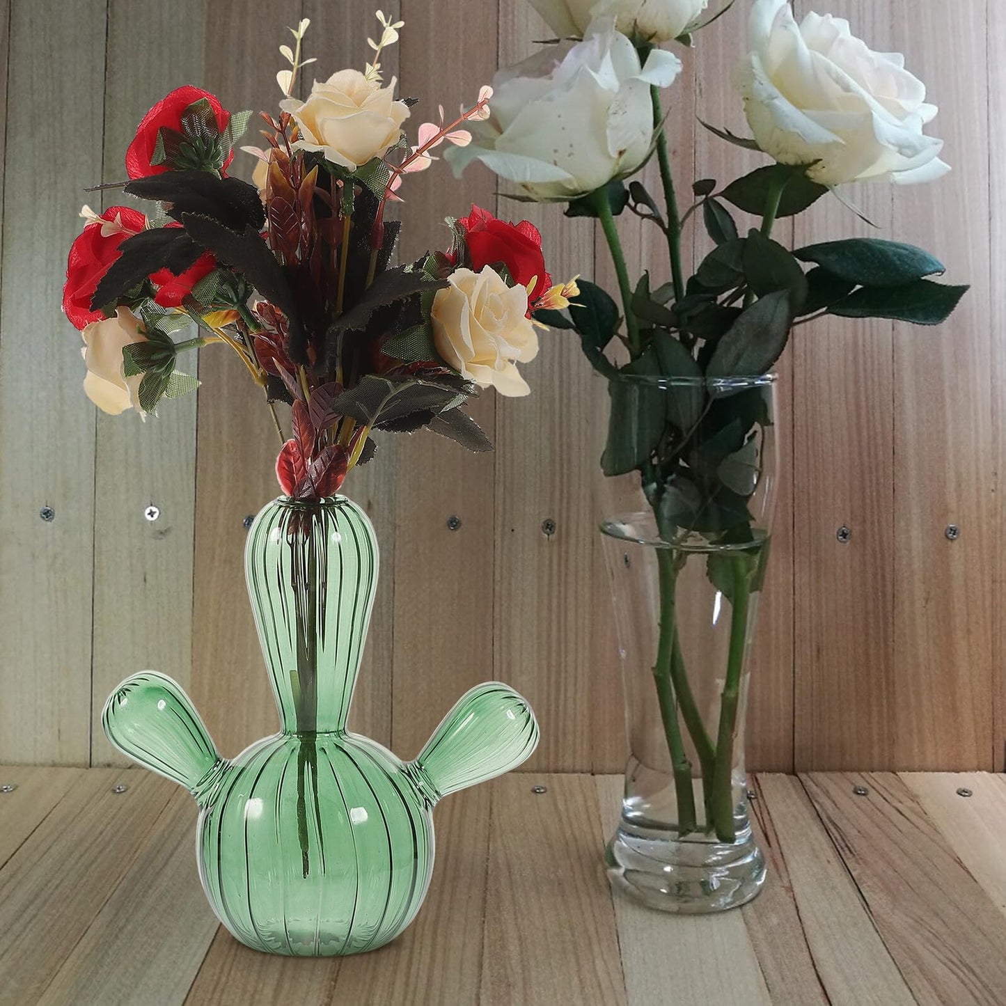 BUTIFULSIC Cactus Shaped Glass Vase Small Hydroponic Plant Container Green Glass Flower Vase Decorative Terrarium for Home Décor Tabletop Display