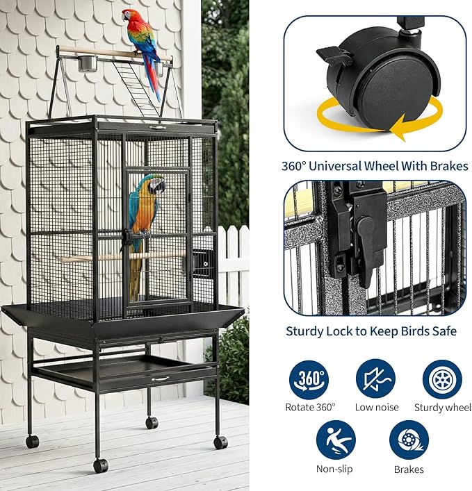 68“h Bird Cage, Large Bird Cage with Play Top, Rolling Stand for Parakeets, Cockatiels, Parrots, Budgies, Lovebirds, Small/Medium Birds
