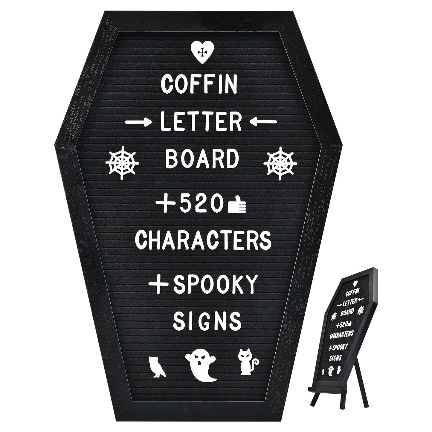 Coffin Letter Board - 520 Characters Spooky Halloween Characters with Wooden Stand and Canvas Bag - 16x11 Inches - Felt Message Board for Home Office Halloween Supplies & Decor (Black)