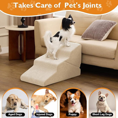 Dog Stairs for Small Dogs 16’’ H, 3-Step Dog Steps for Bed, Foldable Pet Stairs and Ramp for Dogs and Cats to Get on Beds, Couch, Non-Slip Balanced Pet Steps with Waterproof Cover, Beige