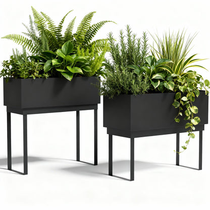 Worth Set of 2 Raised Metal Planter Box with Legs, Large & Small Matte Black Galvanized Steel Elevated Garden Beds with Drainage Hole & Plug for Vegetables, Flowers & Herbs, Indoor & Outdoor Use