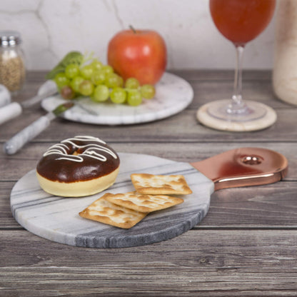 Creative Home Natural Marble Cheese Serving Paddle Board Charcuterie Board Party Serving Platter with Stainless Steel Copper Trim Handle for Kitchen Dining Room, 12.2" x 8" x 0.5" H, Grey (Off-White)