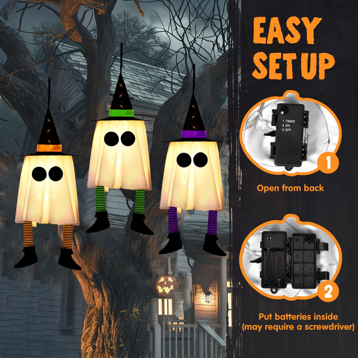 JOYIN 23.6'' 3PCS Halloween Hanging Ghosts Decorations Outdoor, Warm Light Up Ghosts Tree Decors with Witch Hats & Timer, Halloween Decorations for Yard Patio Garden Outside Haunted House Party